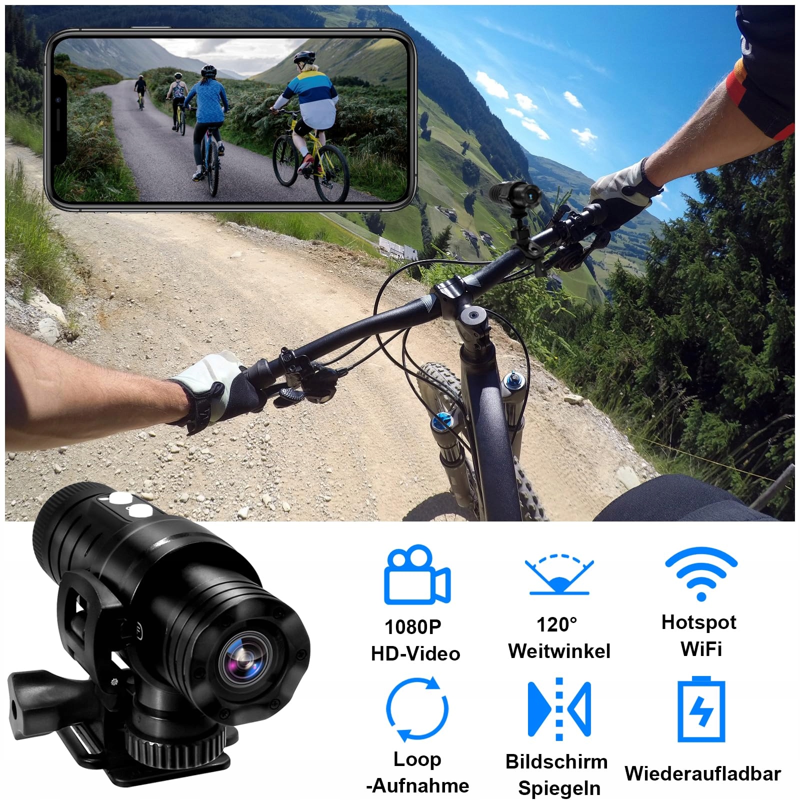 TANGMI Kamera Sportowa WiFi 1080P HD 120° Kąt Szeroki 7h Bateria — miniatura 2