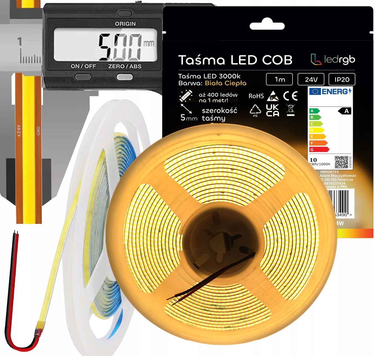 Taśma Led Neon Cob 24V 5m 400 diod 3000K Biała Ciepła Cienka 5MM Jasna