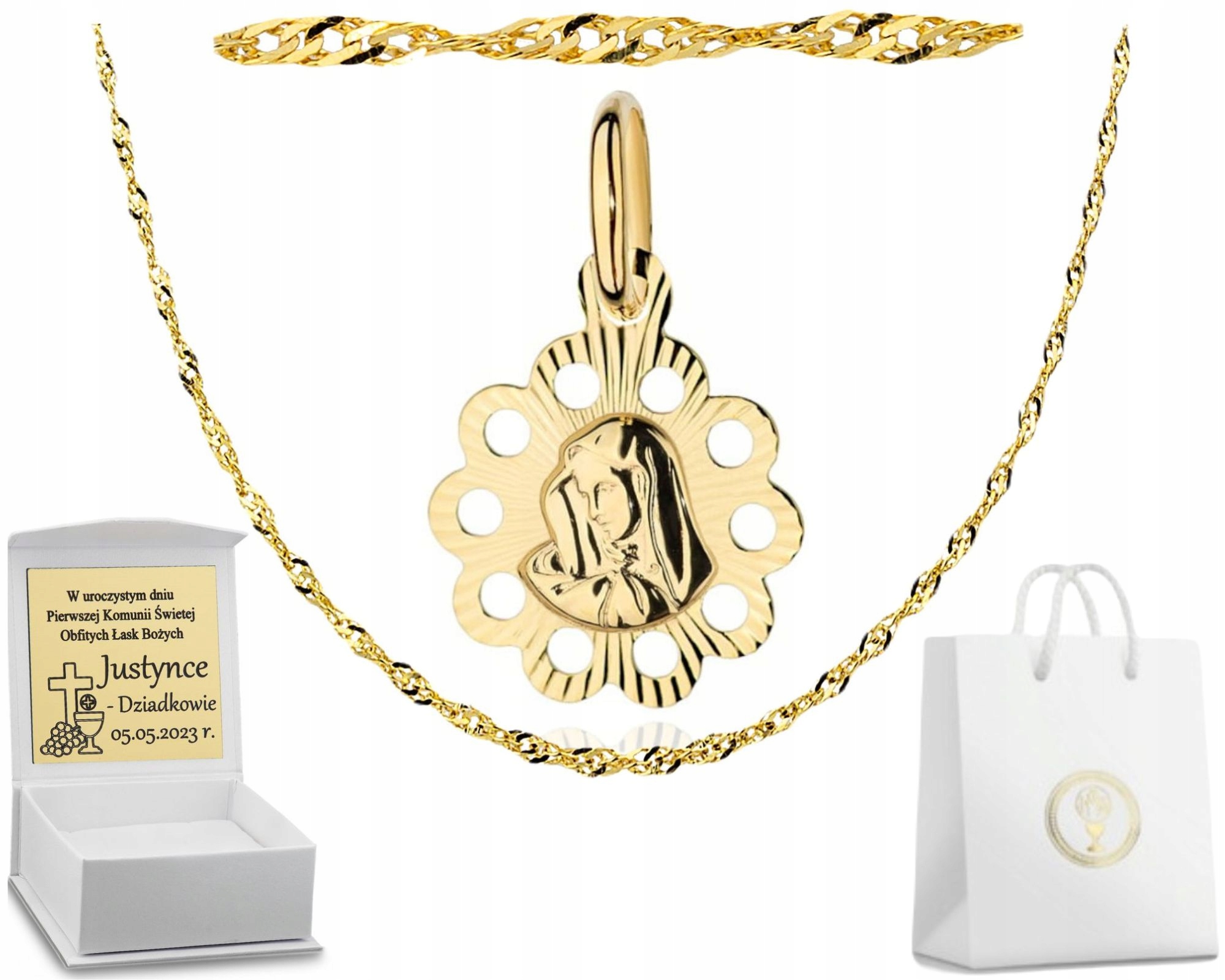 Zlatý Medailonek Matka Boží Květina Řetízek Sada Na Přijímání 585 Gravírování