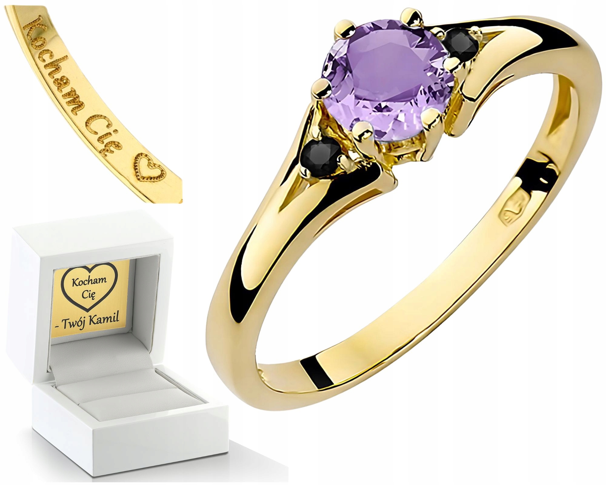 Prstýnek Prsten S Ametystem A Diamanty 585 14K Zlato Jako Gravírování S Dárek