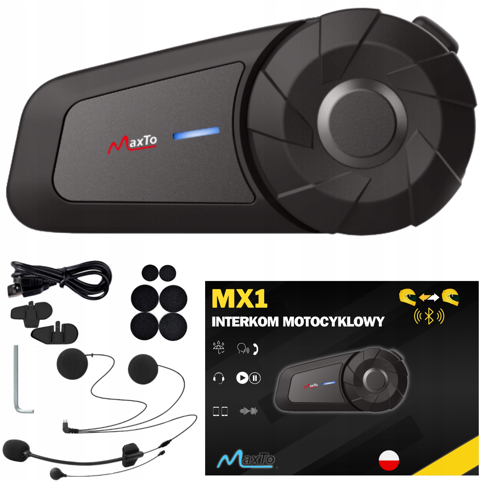 INTERKOM MOTOCYKLOWY BLUETOOTH MAXTO MX1 | BLUETOOTH|POLSKI LEKTOR Czas ładowania 2 h