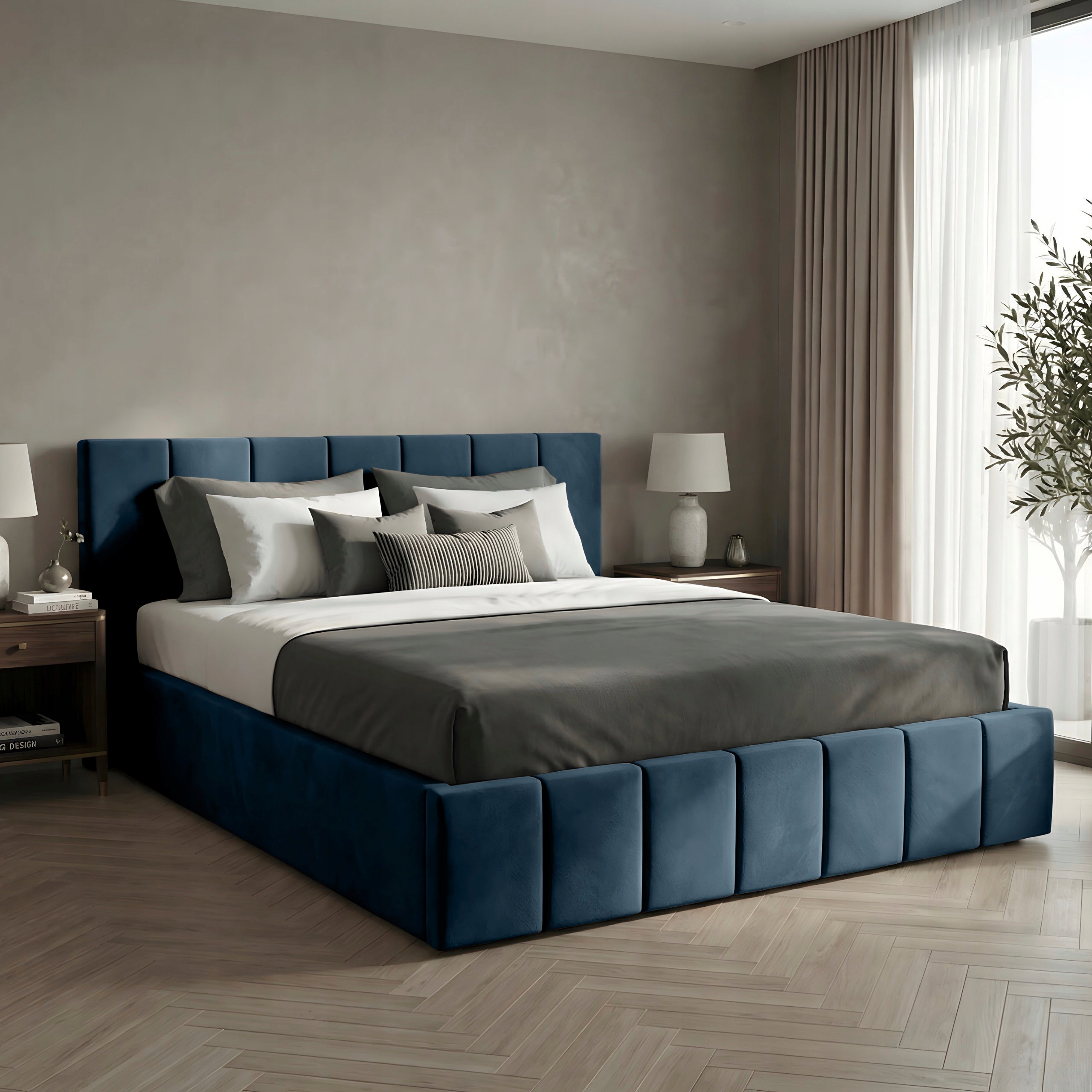 Čalouněná Postel 160x200 Dvoulůžková Postel Premium S Úložným Prostorem, Tmavě Modrá