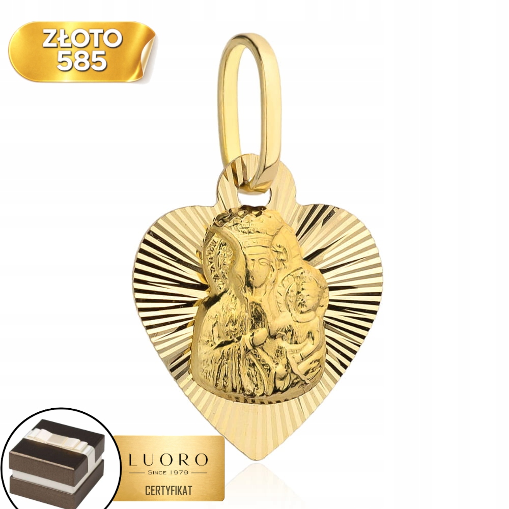Zlatý Medailon 585 14K Panna Maria Čenstochovská Diamantové Srdce 18 MM