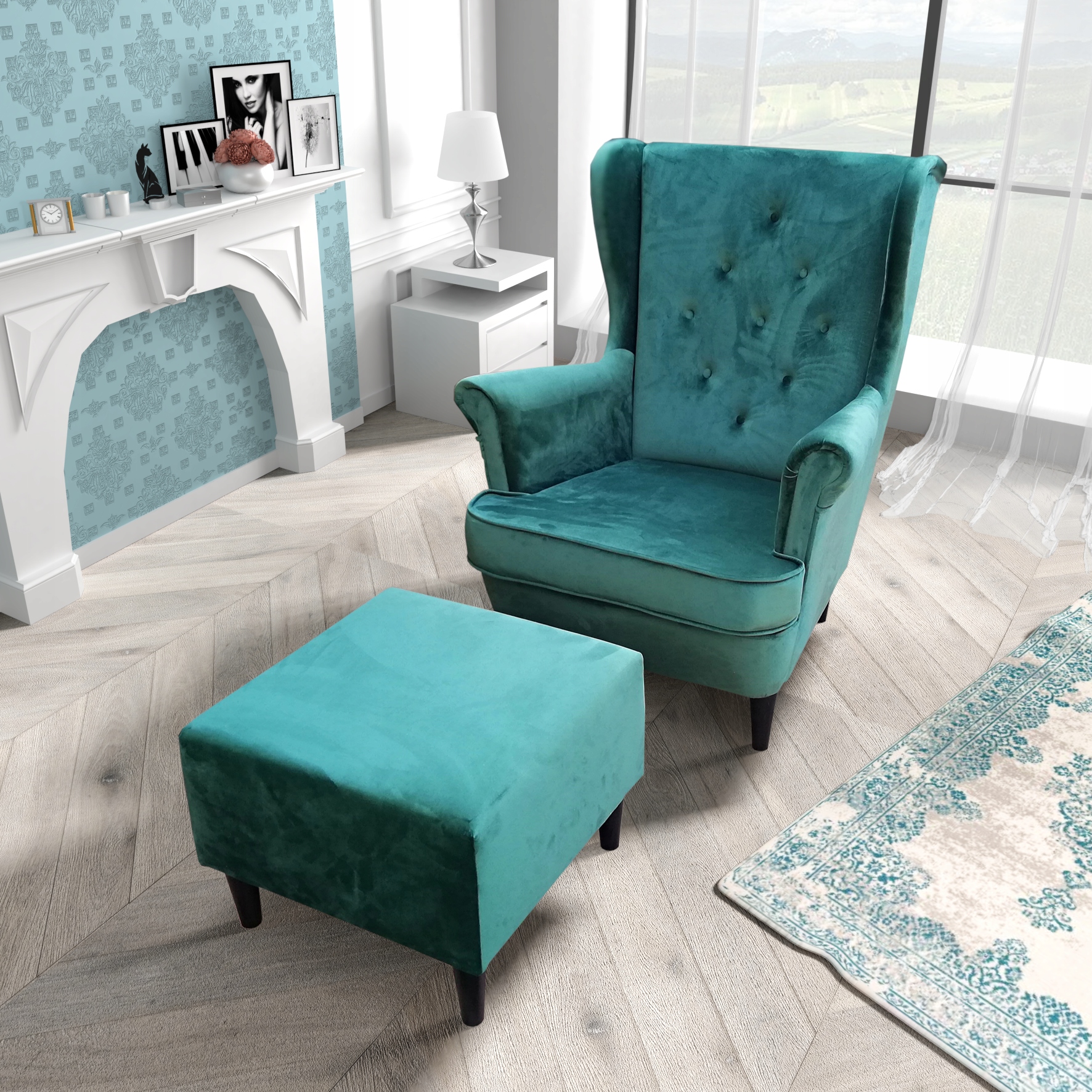 Fotel Uszak Aleksander + Podnózek Styl Skandynawski Mix Kolory Do Salonu