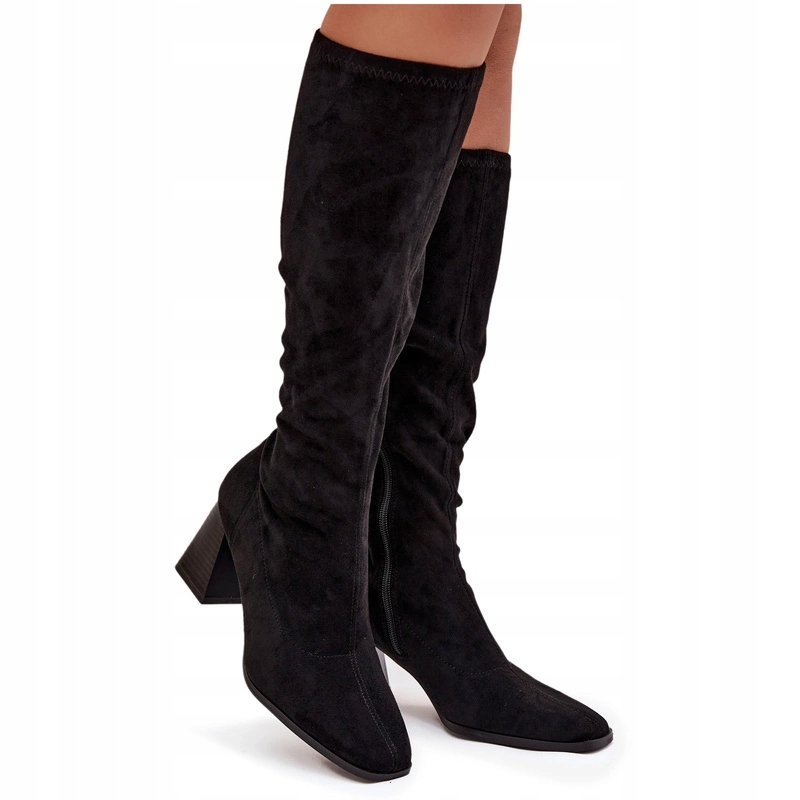 Dámské Kozačky Eko Semišové Podpatek Sloupek Prošívání Na Zip Černé 40