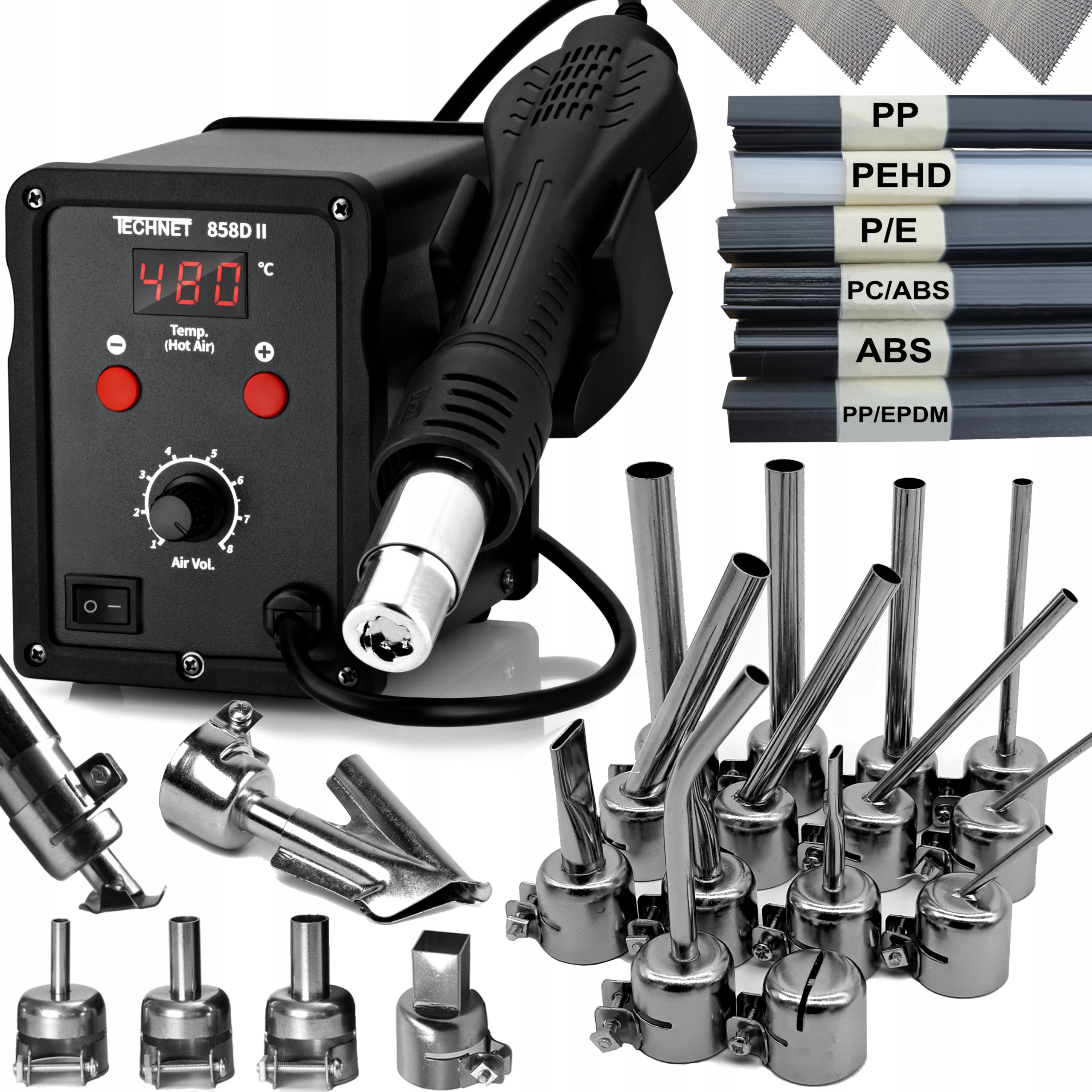 858D II Spawarka do Plastiku 19x Dysza Żelazko But 4x Siatka Plastik 300g