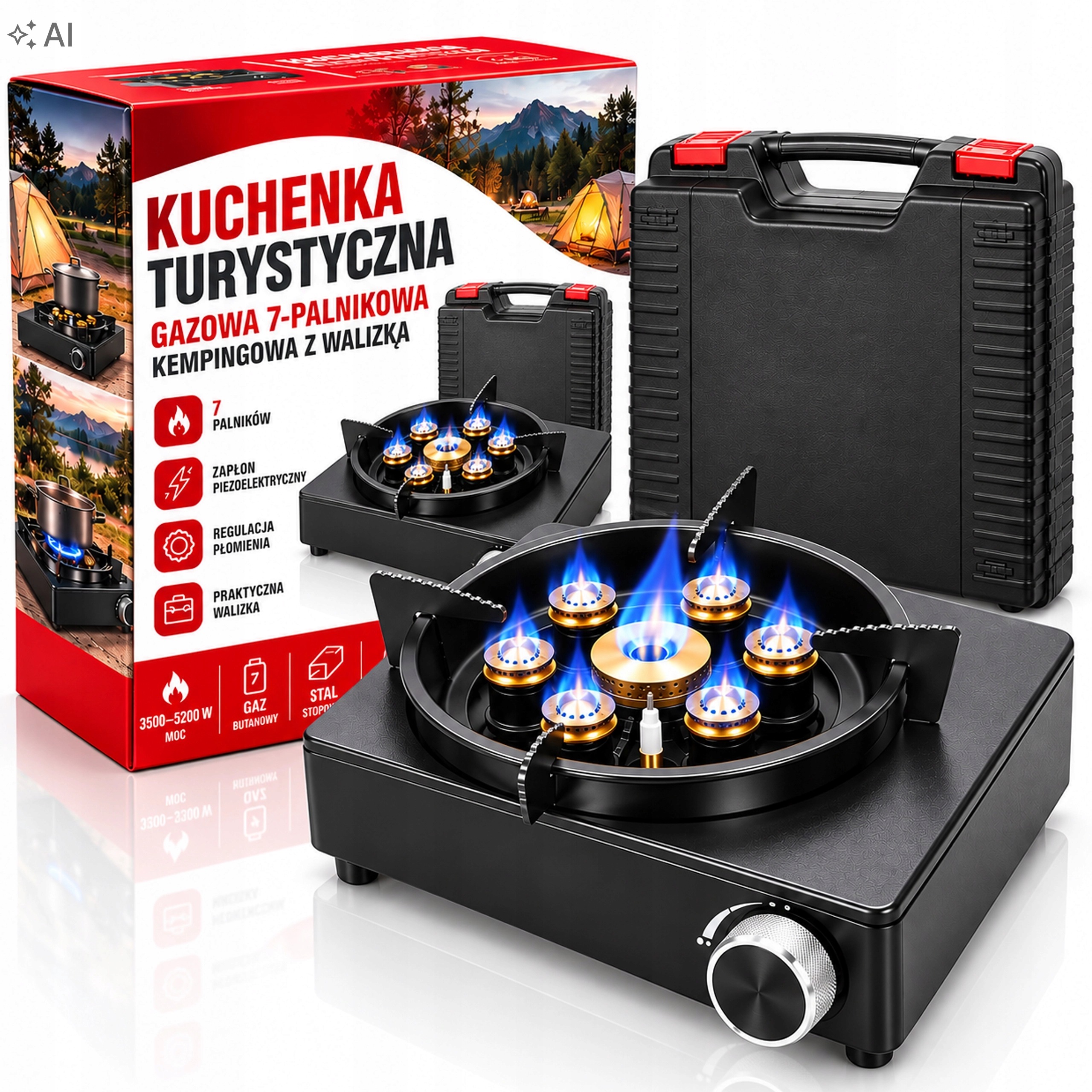 Turistický plynový vařič 7-plotýnkový kempingový s kufrem