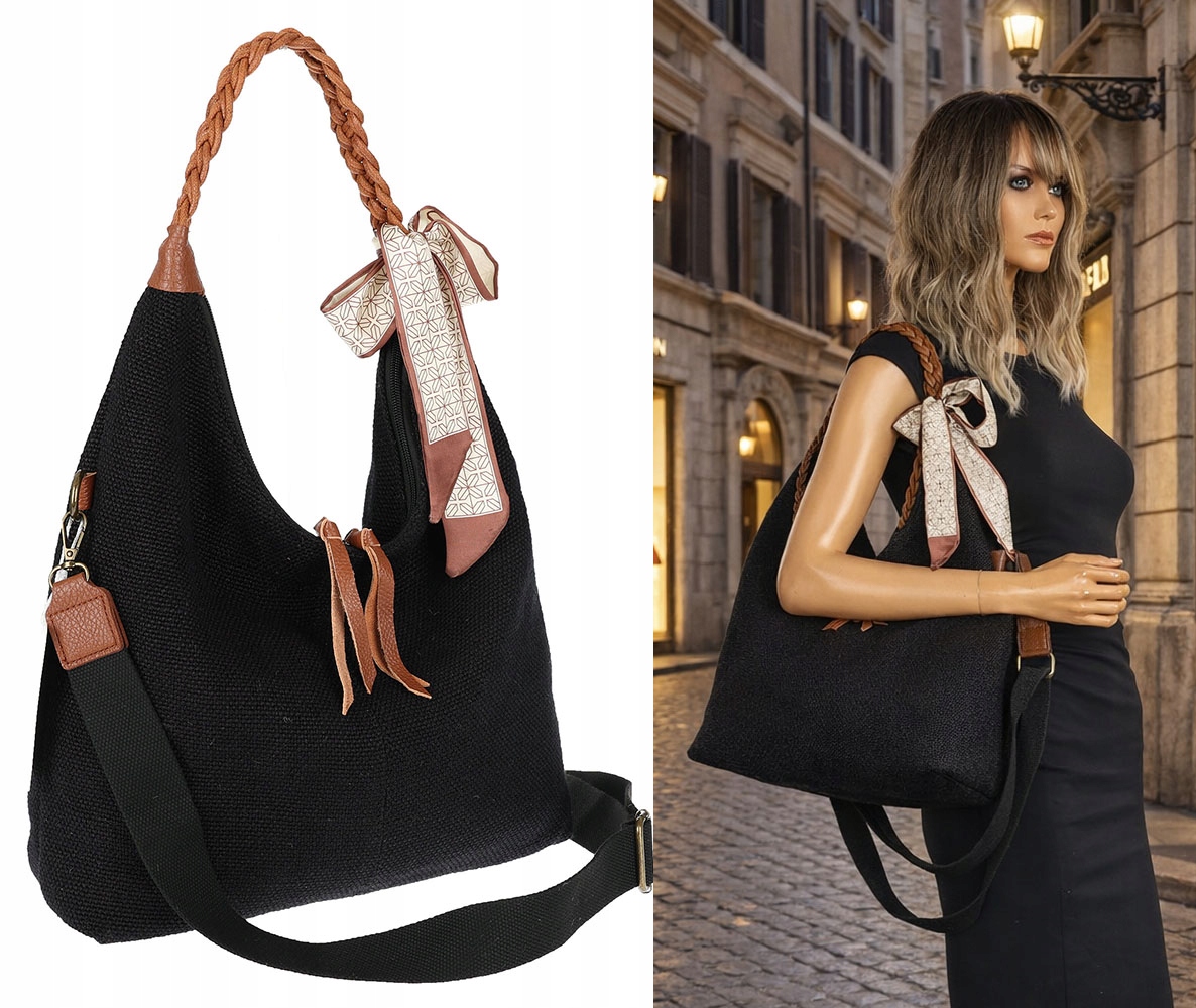 Dámská taška shopper velká přes rameno s pleteným šátkem MA359 Černá