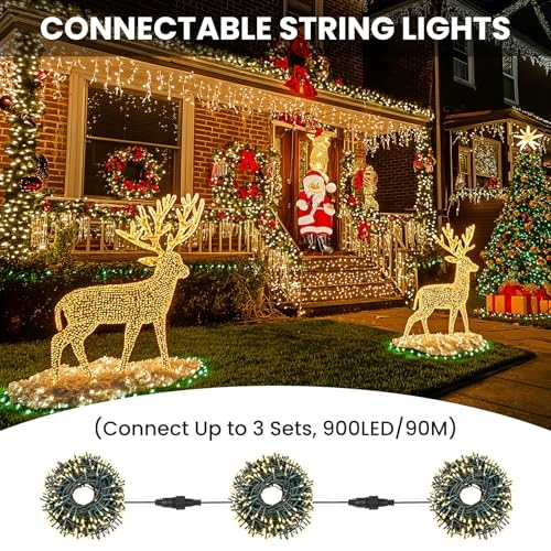 LED LAMPKI ŚWIĄTECZNE ZEWNĘTRZNE 30M 300 LED CIEPŁE BIAŁE 8 TRYBÓW IP44 — miniatura 5