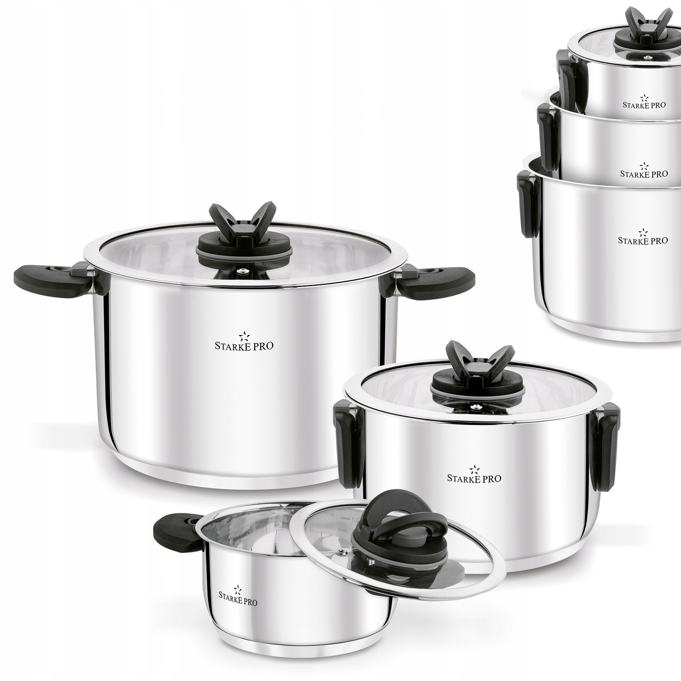 Sada 3 Skládacích Hrnců Rukojeti S Poklicemi Ocel Nerezová Indukce Plyn