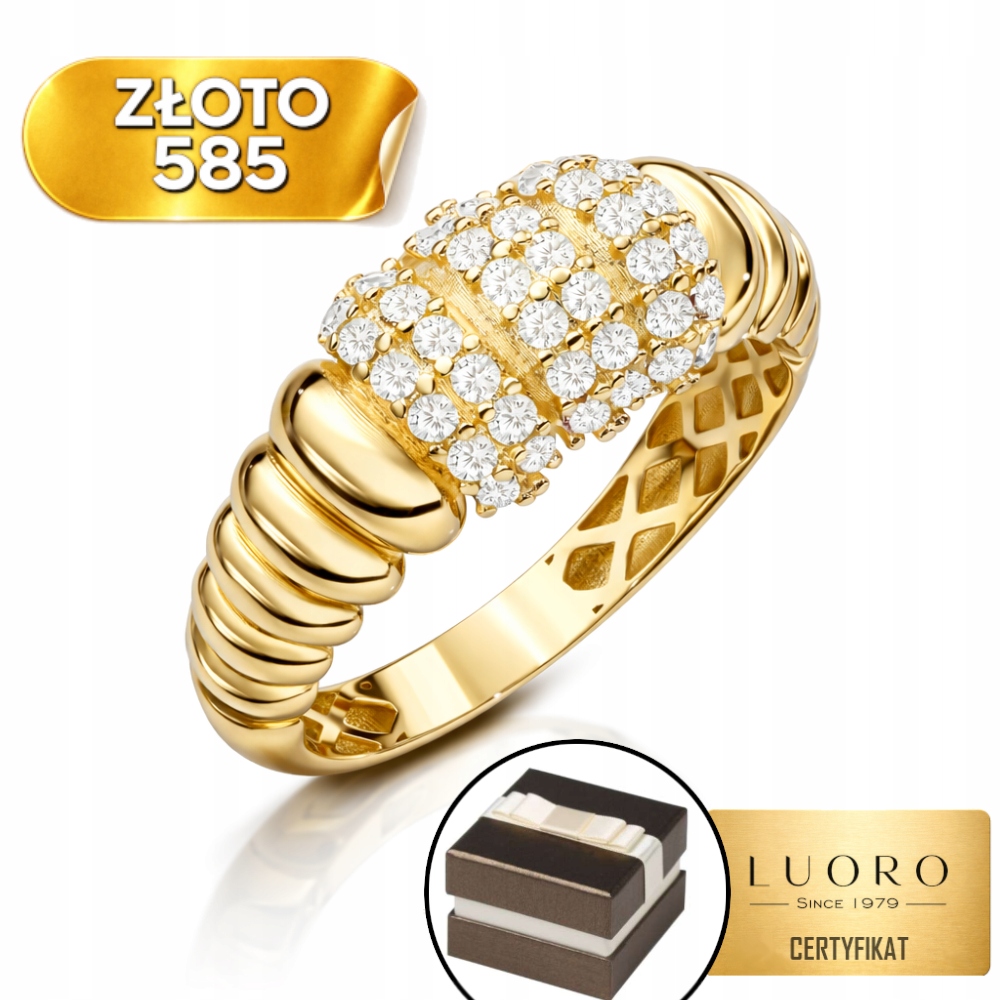 Prstýnek 585 14K Drážkovaný S Trojitou Řadou Zirkonů R15
