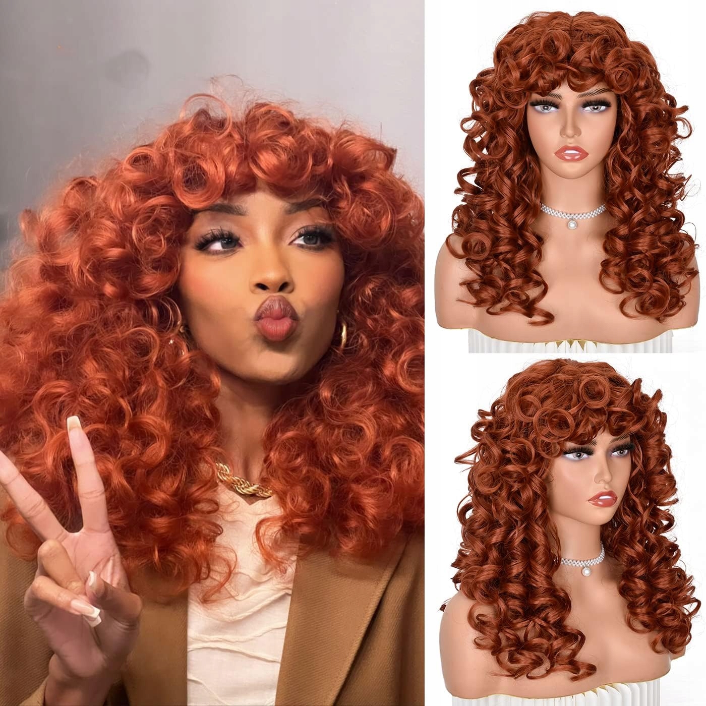 Isamy kudrnatá paruka s ofinou, velké pružné afro kadeře, měděná, 50 cm