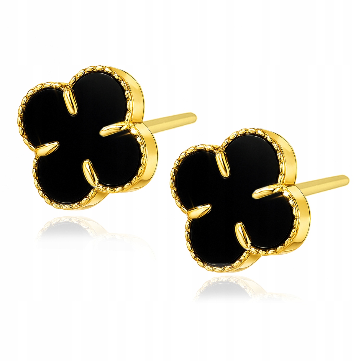 zlaté náušnice pozlacené na tyčinku čtyřlístek černý onyx PR.925 14 mm