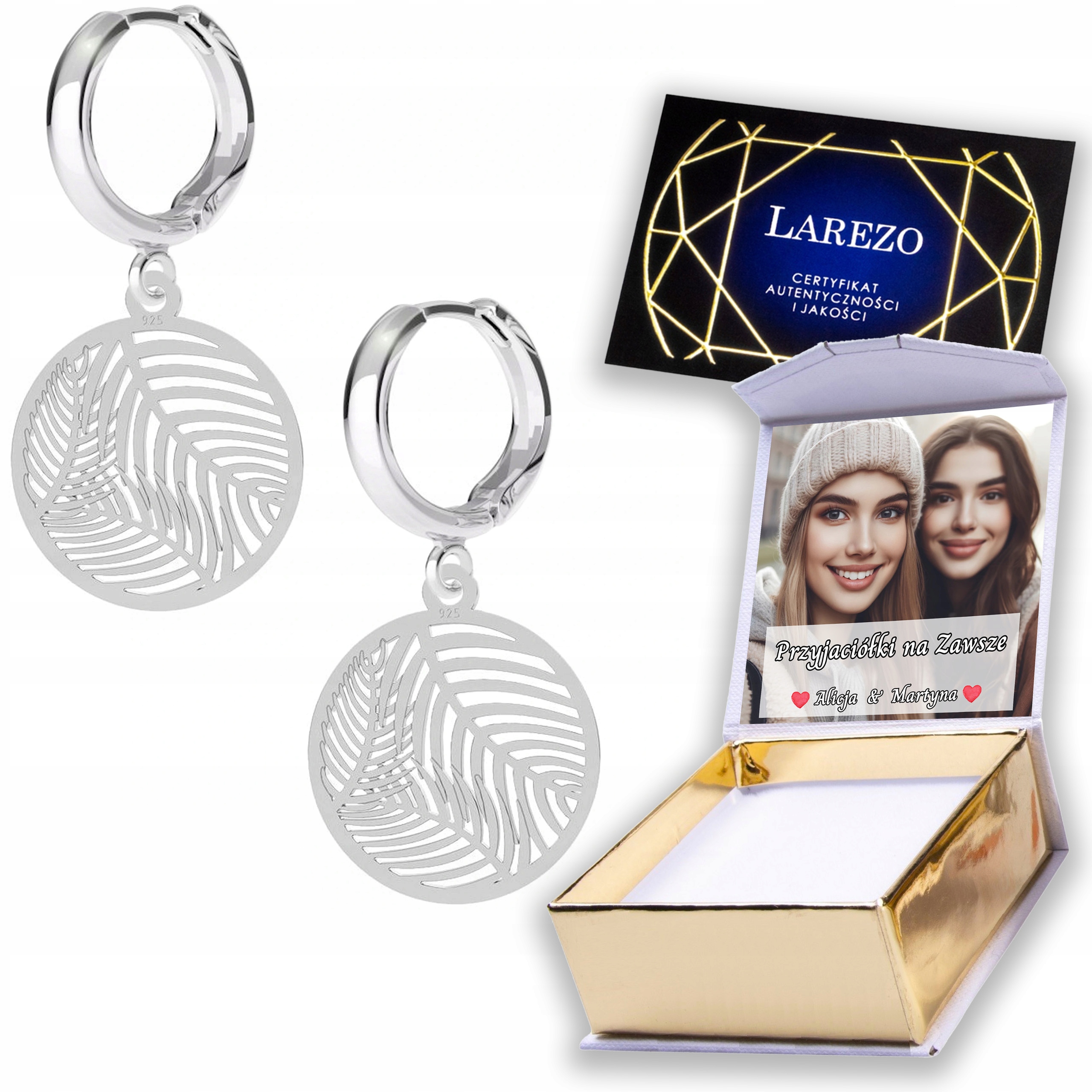 Stříbrné Náušnice 925 Kulaté plechy s palmovými listy Palmový List Potisk