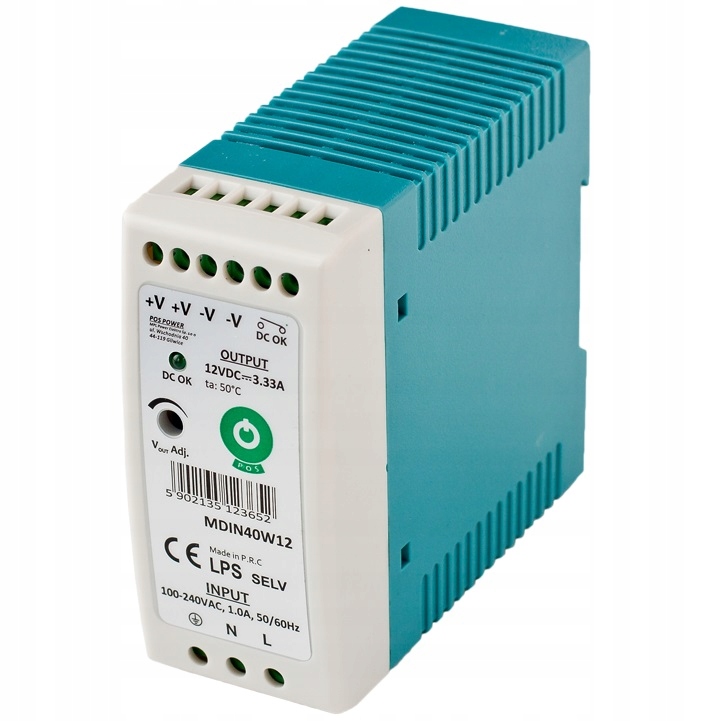 Zasilacz Na Szynę DIN 12V 3.3A 40W Regulowany Do Taśmy LED Transformator DC