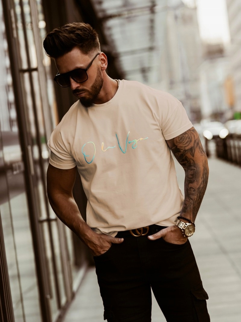 T-shirt męski z nadrukiem Olavoga Blue Light beżowy M