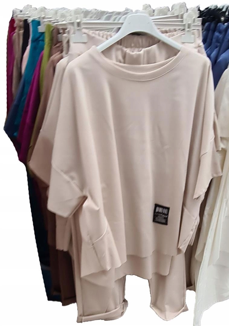 WŁOSKI ELEGANCKI KOMPLET BAWEŁNIANY BLUZKA SPODNIE DRESOWY OVERSIZE S