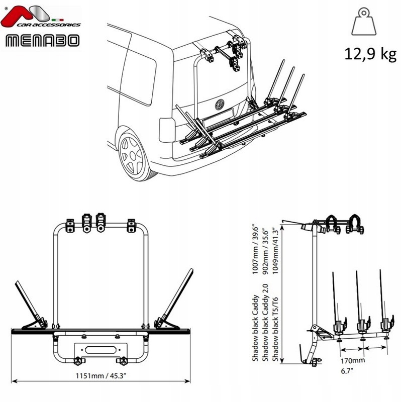 Uchwyt Rowerowy na Klapę Menabo Shadow 3 Rowery VW Transporter T5 2003-2015 Waga produktu z opakowaniem jednostkowym 15.4 kg