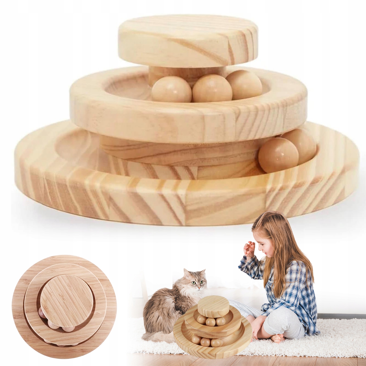 Levně Interaktivní Hračka Pro Kočky Dřevěná Dvouúrovňová Hračka S Míčky