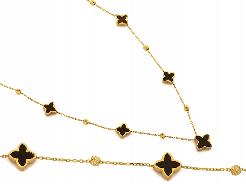Zlatý náhrdelník 585 s černými květy a kuličkami, elegantní a jemný
