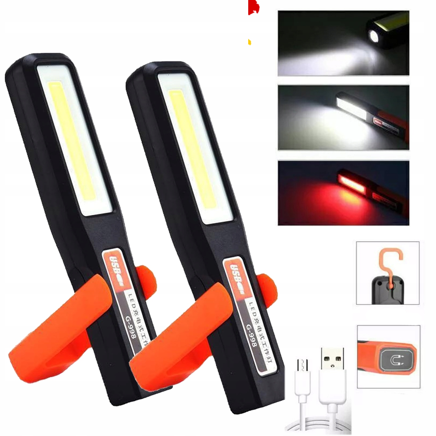 2x Światło robocze Led Latarka Lampa Latarka Ręczna lampa Cob Usb