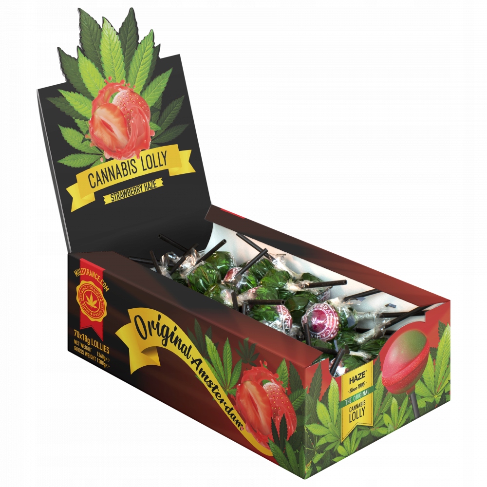 Cannabis Strawberry Haze Lollies konopná Lízátka Display Box 70 lízátek