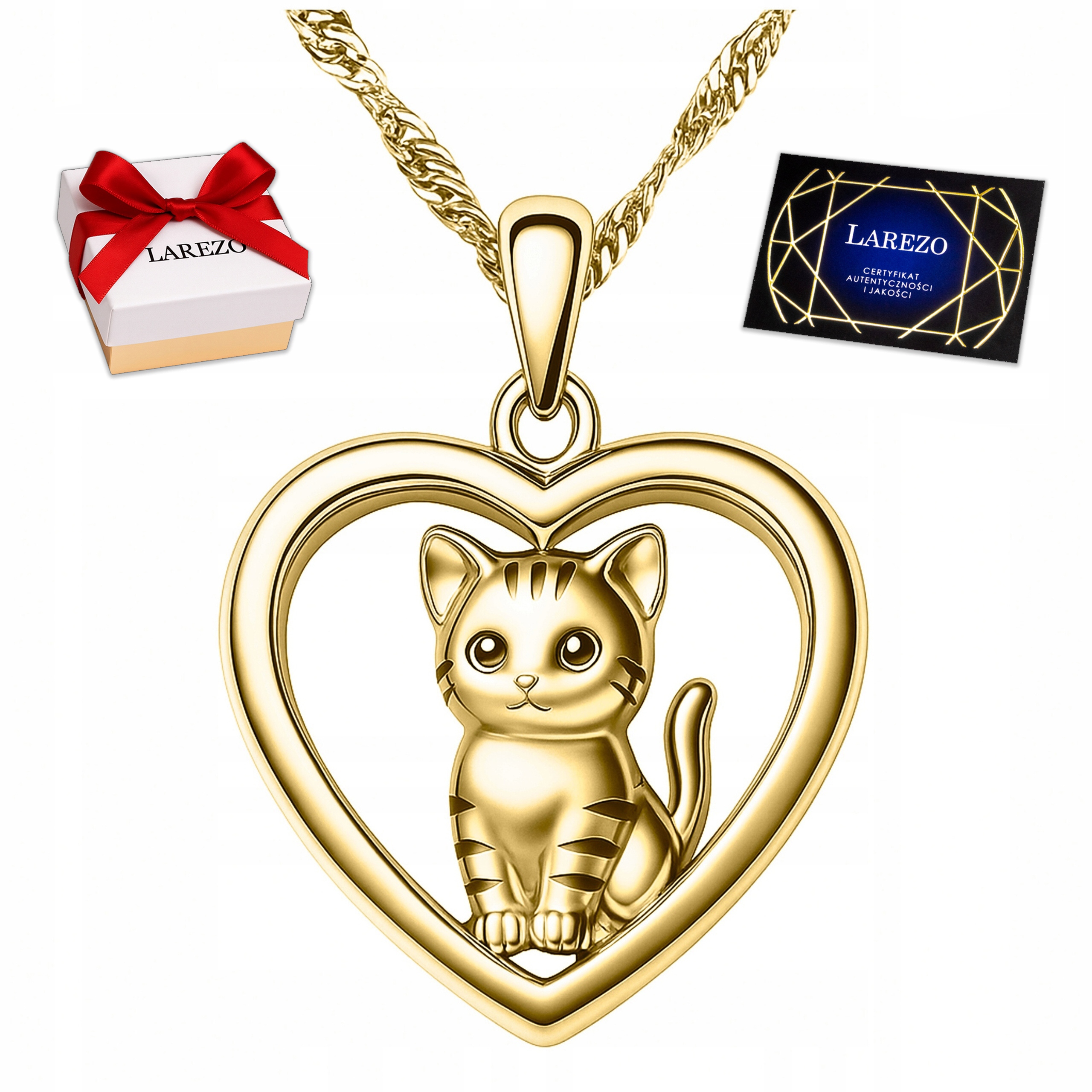 Zlatý náhrdelník Srdce s kočičkou 585 Srdíčko s kočkou Kočka Kotě Stříbro 925
