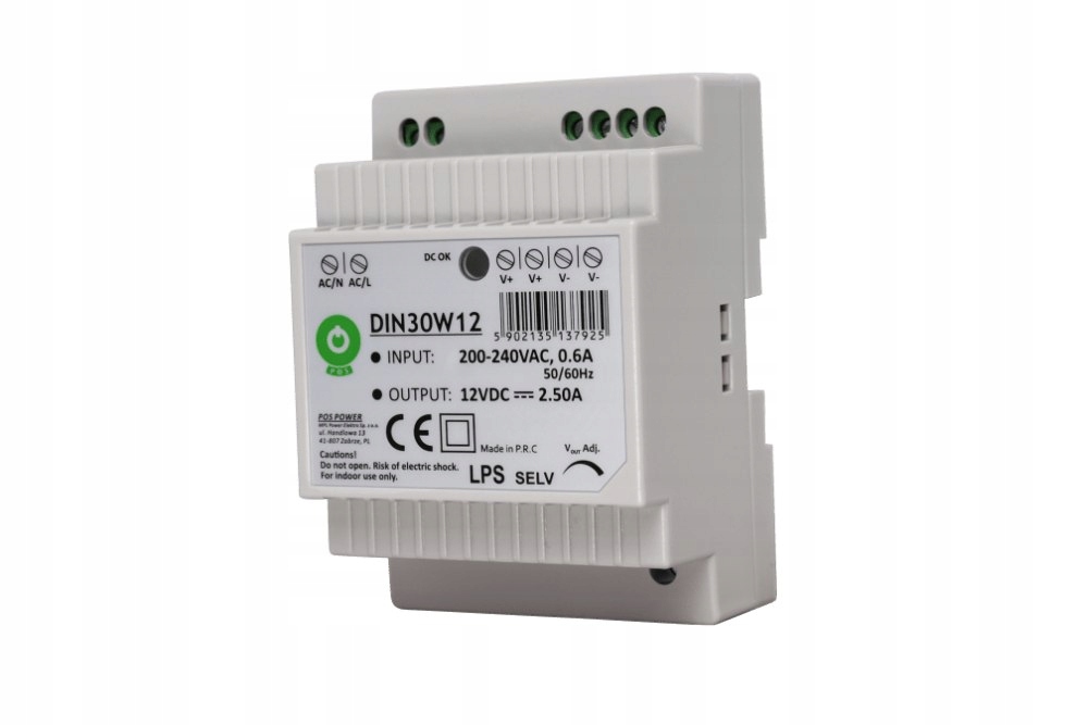 Zasilacz 30W 12V 2,5A na szynę DIN POS Power DIN30W12