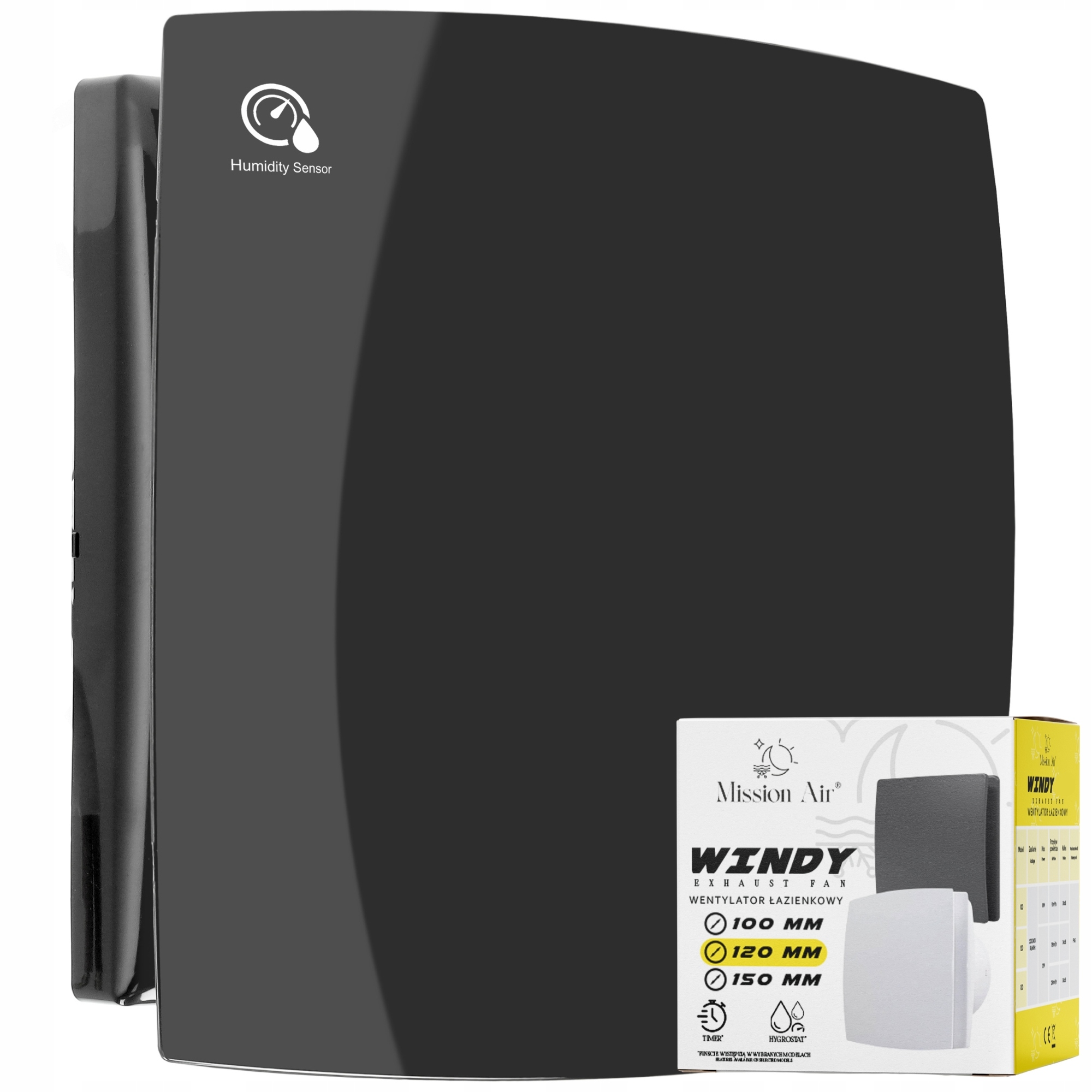 Koupelnový Ventilátor Windy 120 H+t Černý tichý Timer Senzor Vlhkosti