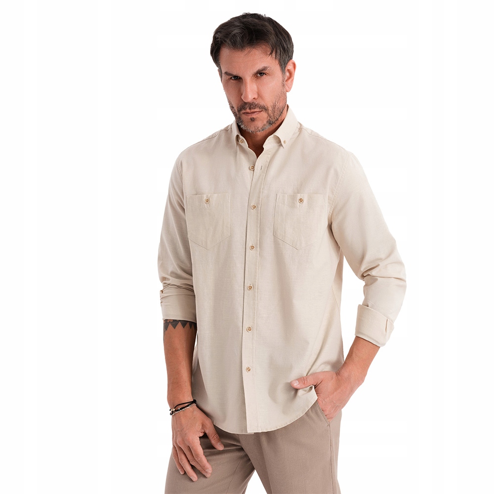 Pánská lněná košile pohodlného střihu regular fit krémová Ombre OM-SHCS-0134 V3 L