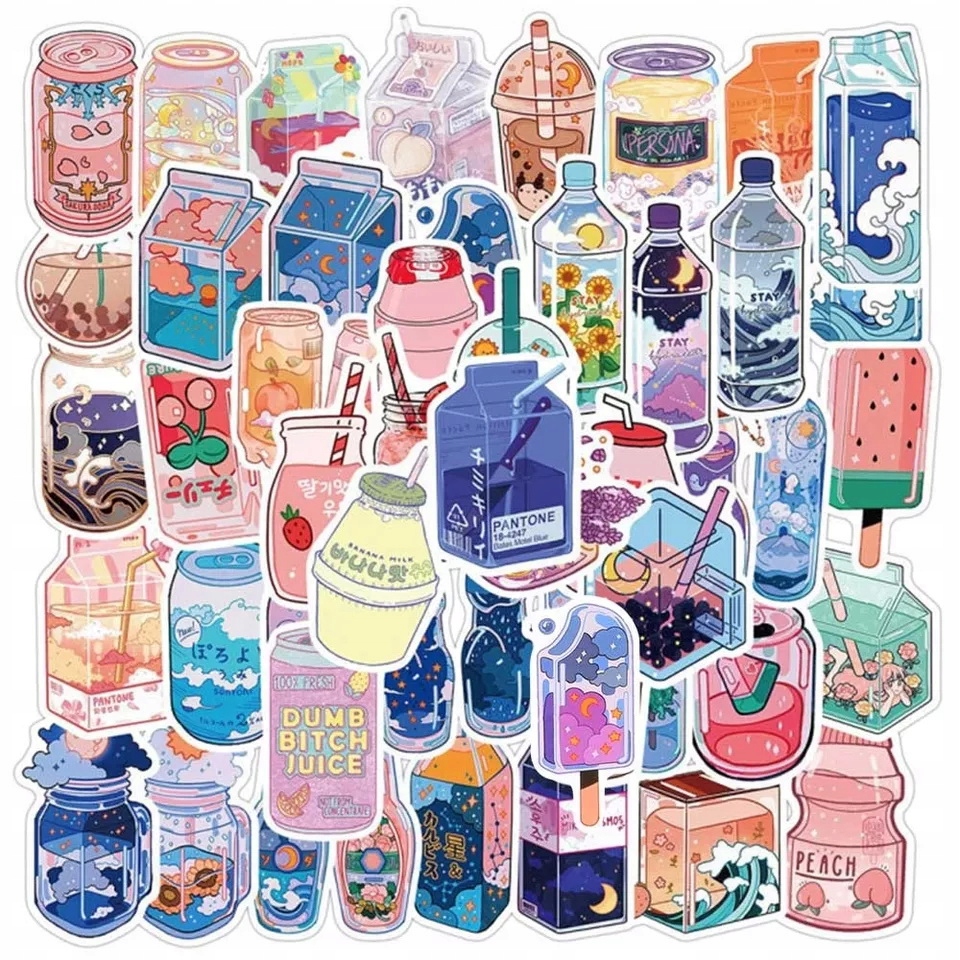 Urocze Naklejki Wodoodporne Stickerbomb MIX Kawaii Drink 50 szt