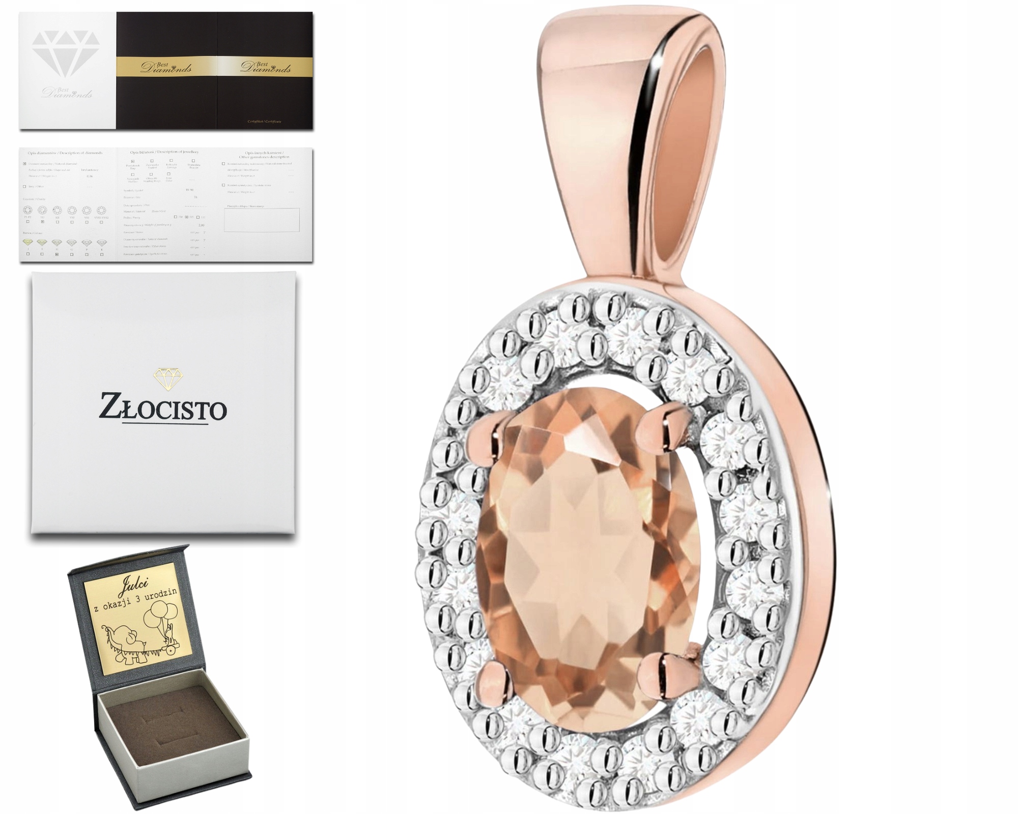 Růžové Zlato Přívěsek S Morganitem A Diamanty Zlato 585 14K Dárek