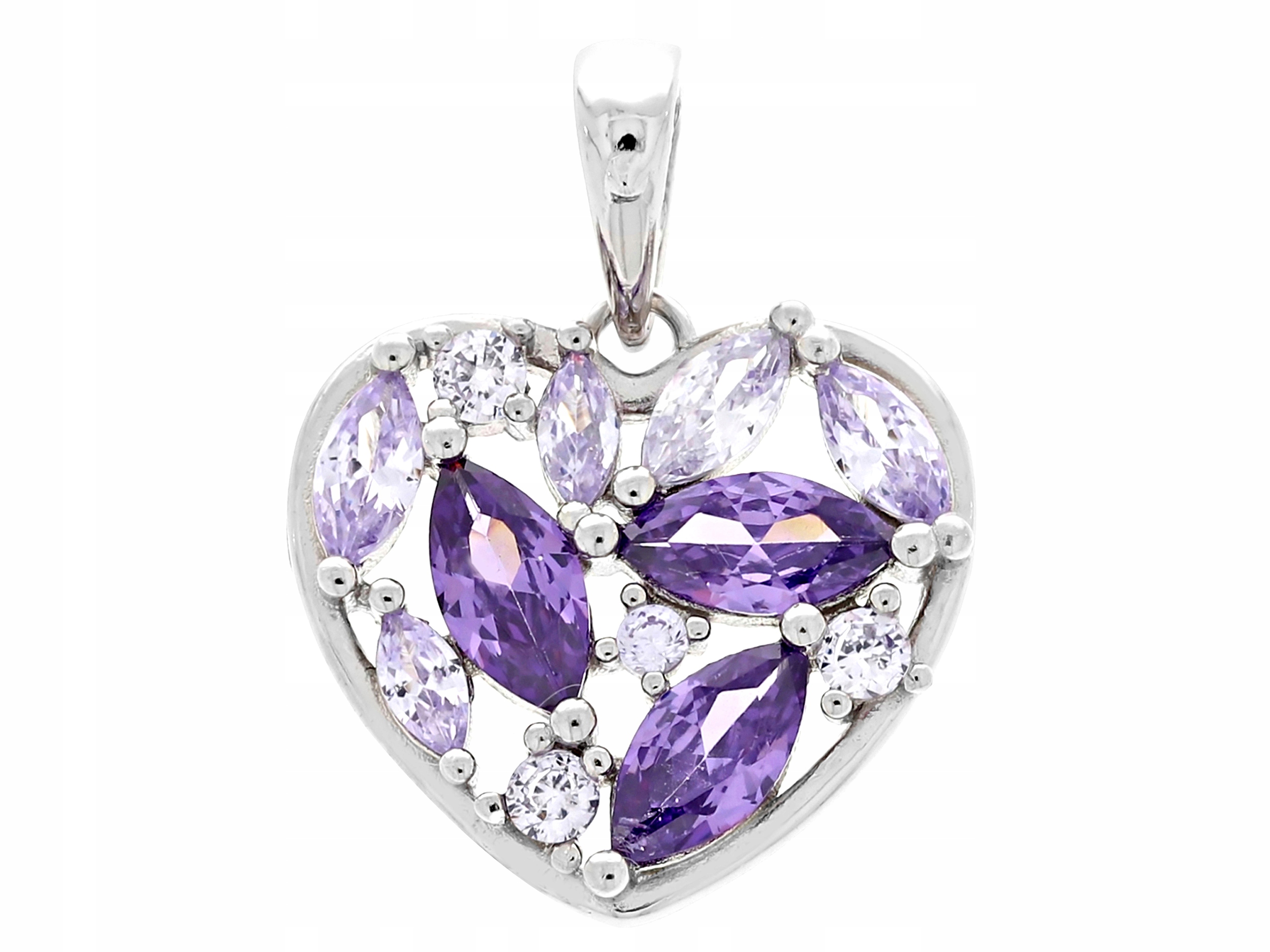 Stříbrný Přívěsek Srdce s Fialovými Zirkony Rhodiovaný Stříbrný Závěs