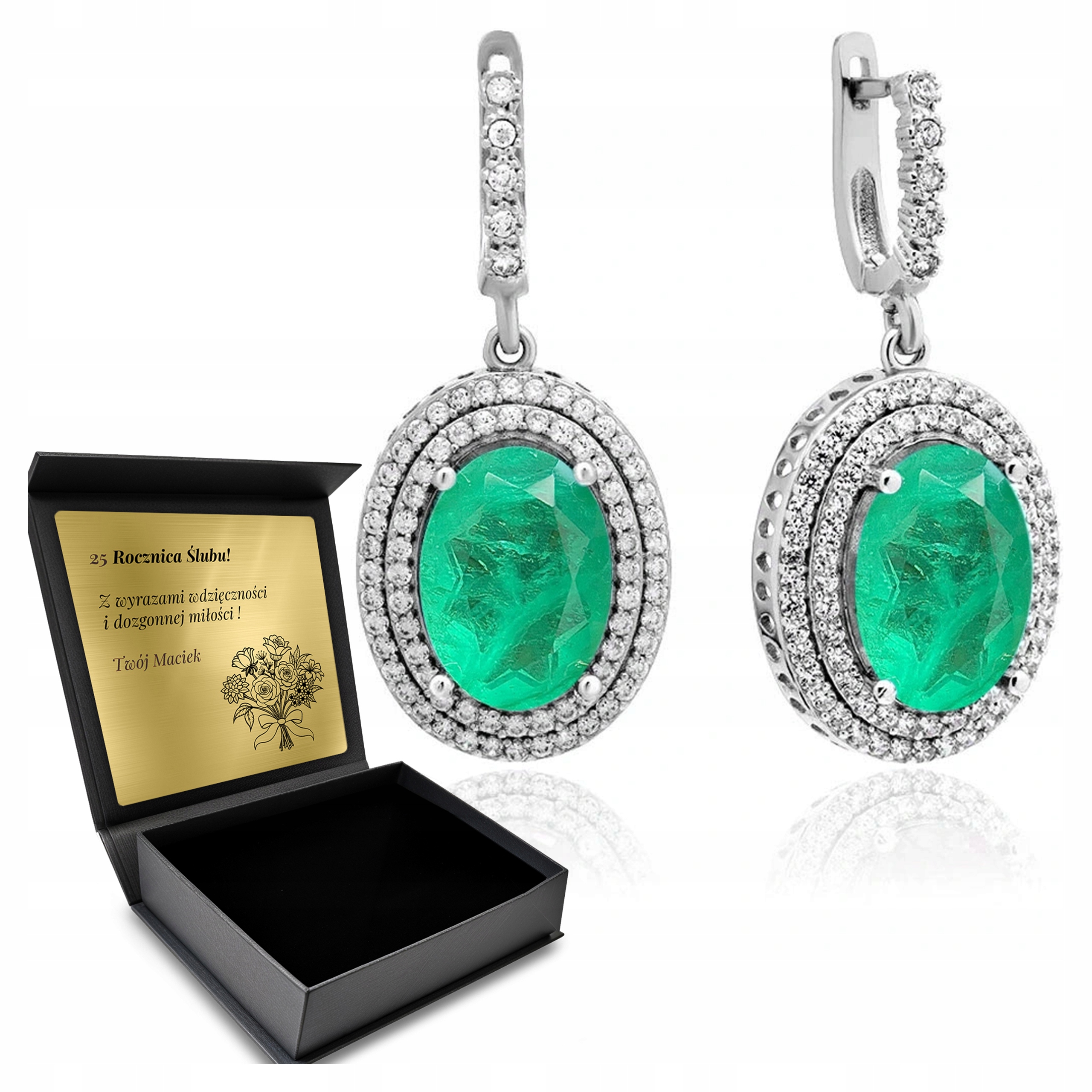 Stříbrné Náušnice 925 Zirkony A Turmalín Dárek pro ženu Gravírování