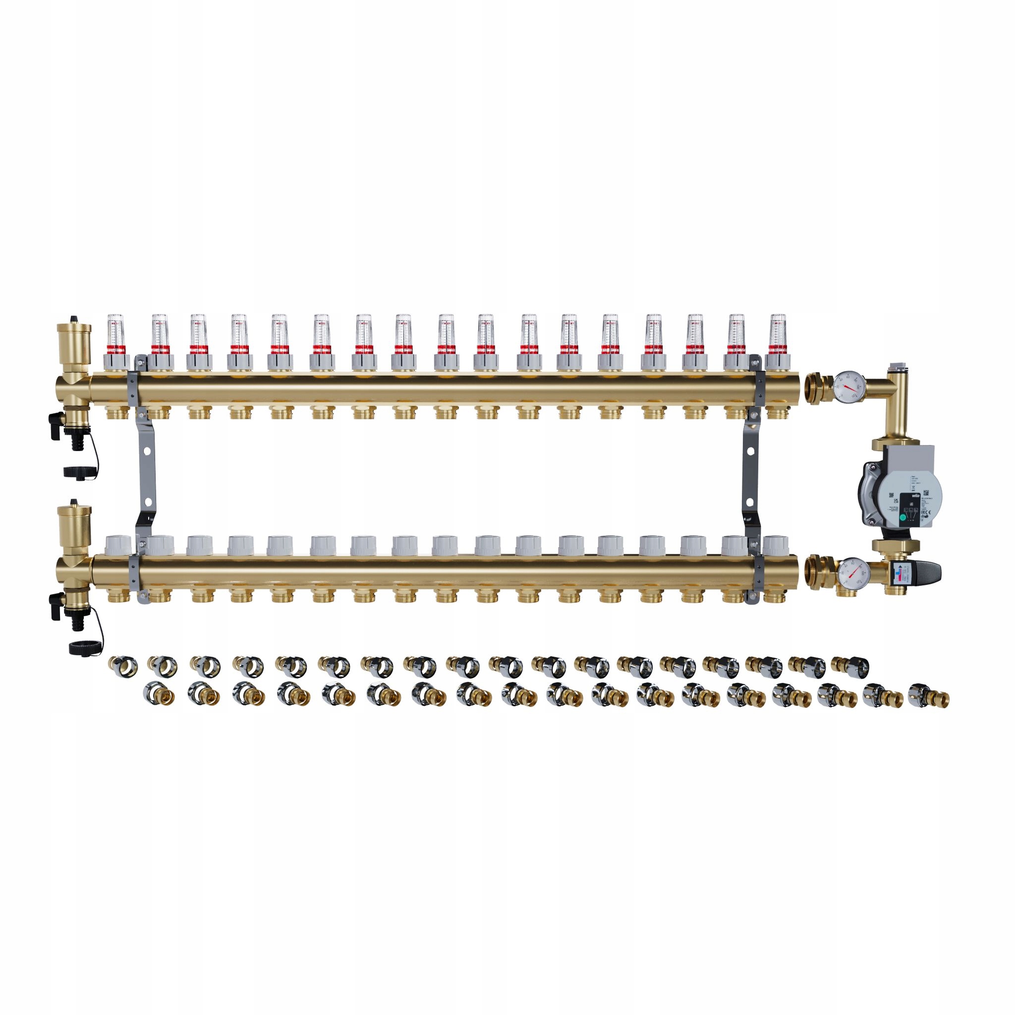 Rozdělovač pro podlahové topení 17 sekcí Spojky Pex Čerpadlo Wilo