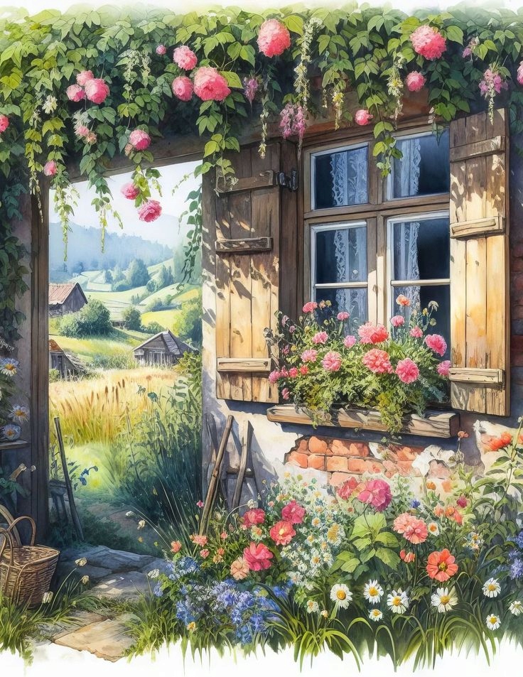 Diamantová výšivka Domeček Vesnice Květiny Barevné Příroda Krajina Pole 60x80 cm