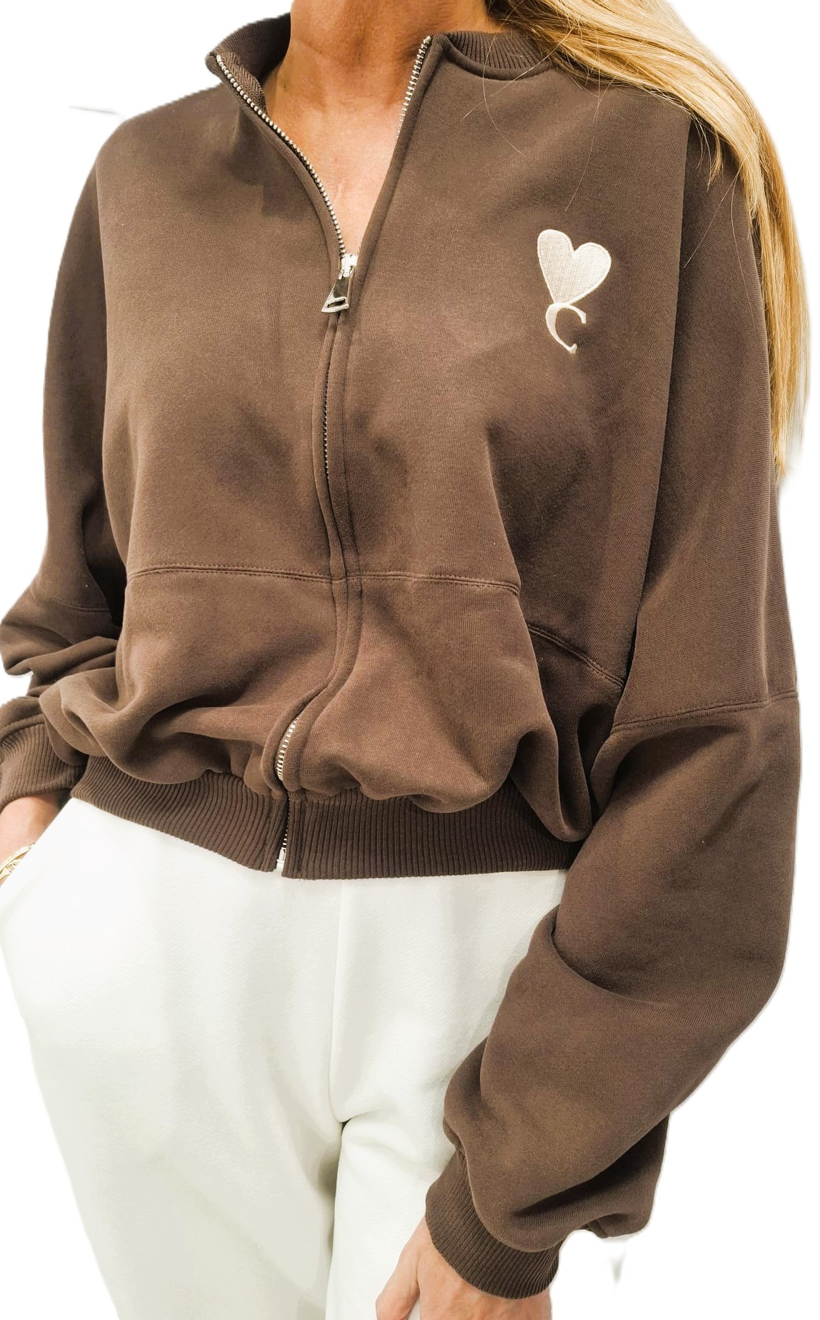 Cocomore Rozepínací Mikina s výšivkou Srdce Bomber Hnědá 36/S New