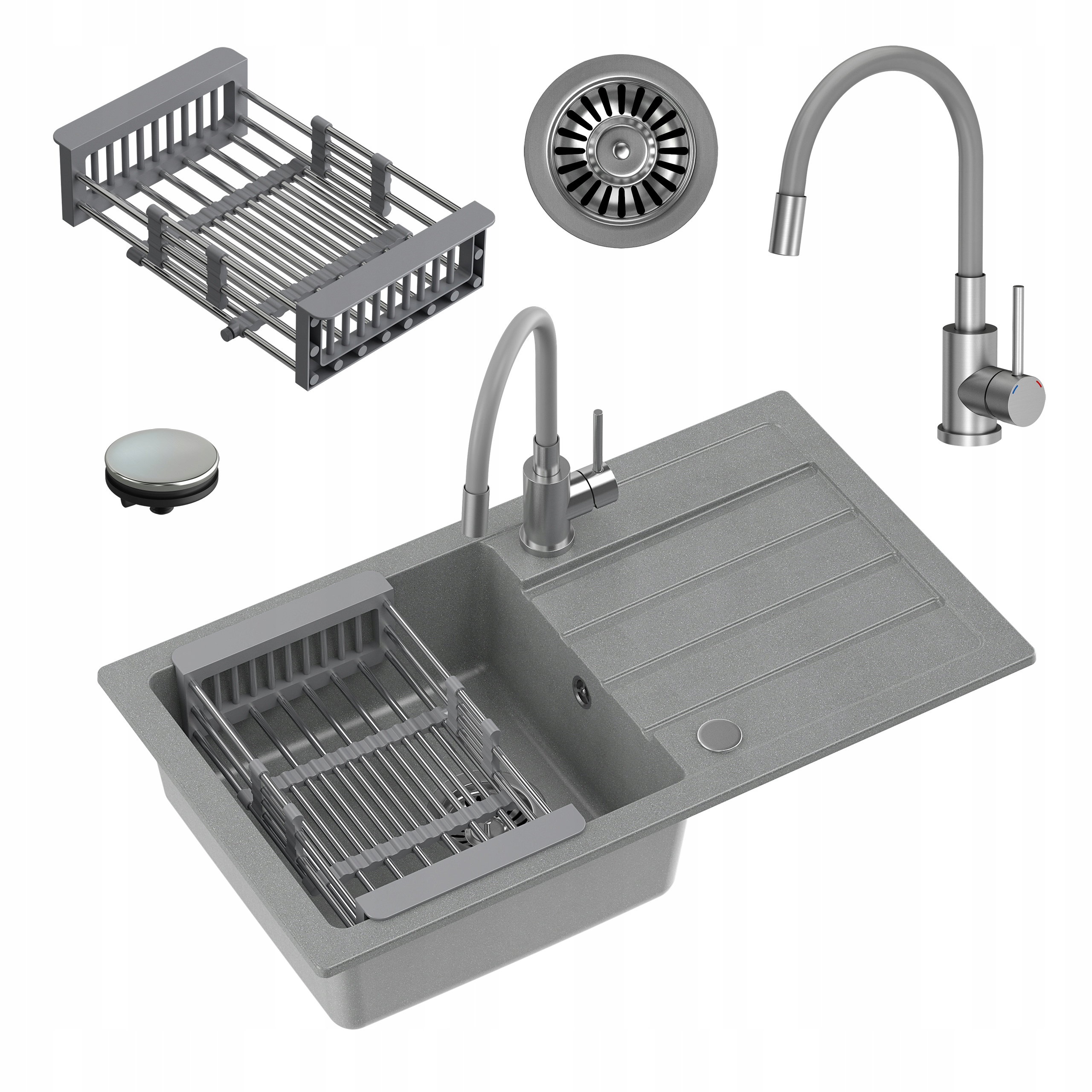 myQ Dřez Soul 11 dřez granitový šedý sada baterie 77x44