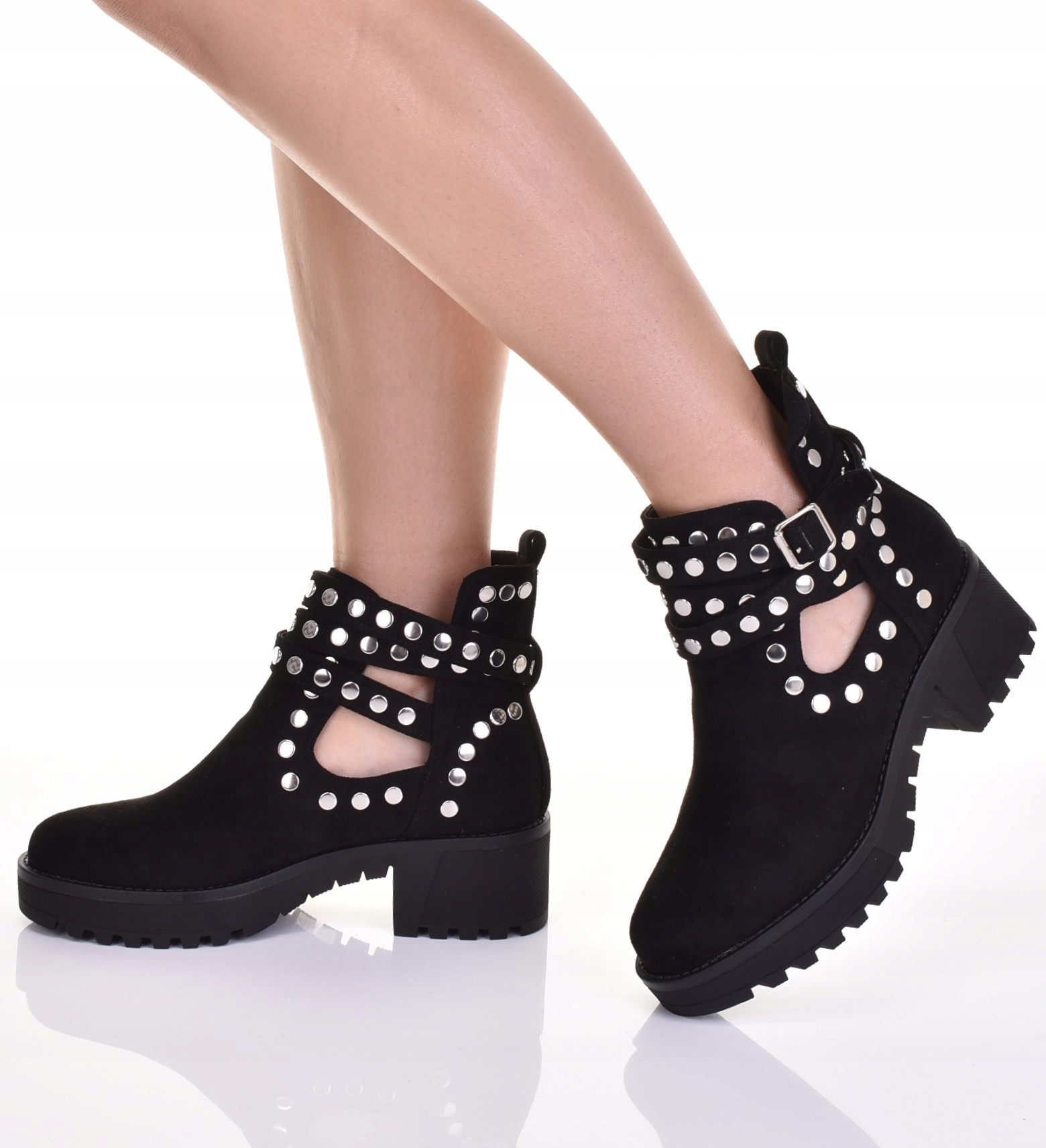 BOTKI DAMSKIE NA WIOSNĘ ZAMSZOWE OZDOBIONE DŻETAMI SŁUPEK OBCAS Rozmiar 41