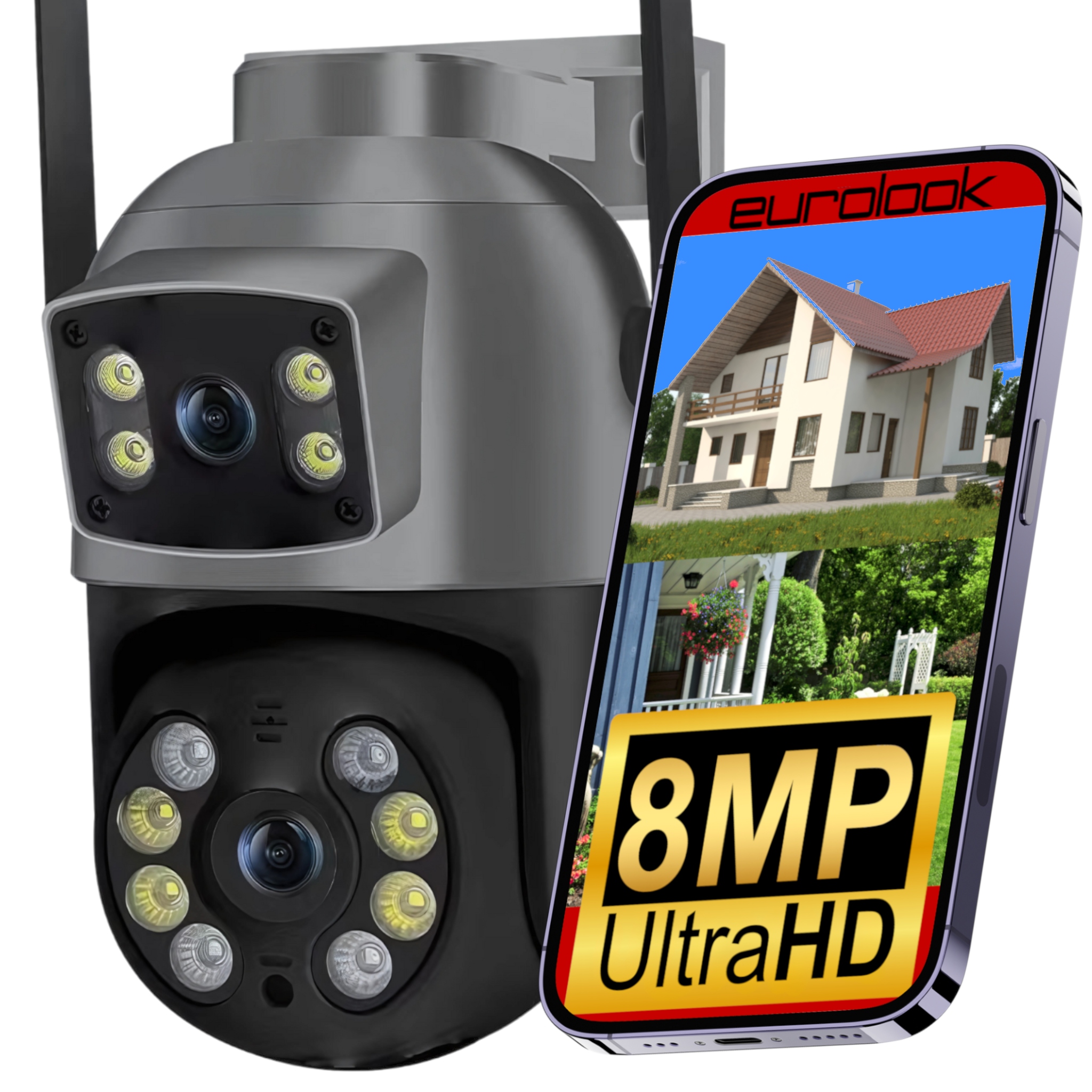 Venkovní Otočná Wifi Kamera Dvojitá Ip 8MPX Uhd Aplikace 4K Ultra Hd