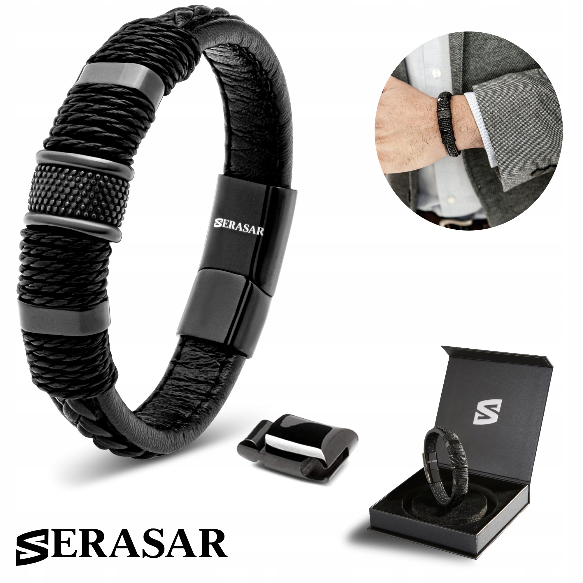 Serasar, Pánský kožený náramek [Ring] černý, 23 cm