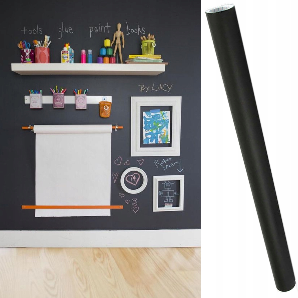 TABLICA KREDOWA SAMOPRZYLEPNA CZARNA DUŻA NA ŚCIANĘ + KREDA 45 x 200 CM Wysokość produktu 200 cm