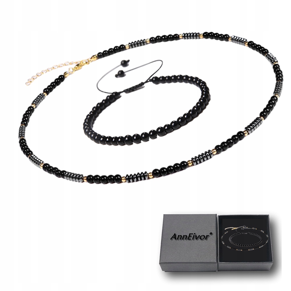 Sada Náhrdelník Choker Náramek Přírodní Kámen Černý Onyx 4 mm