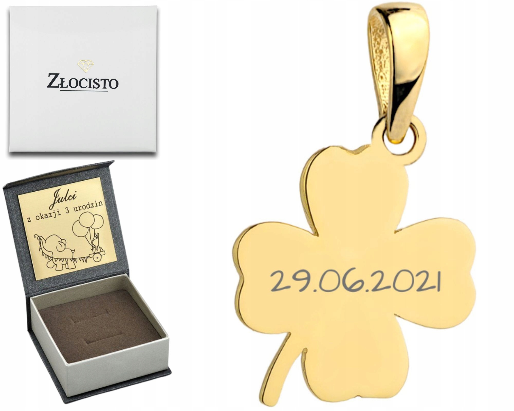 Zlatý přívěsek Čtyřlístek pro štěstí pod Gravírování 585 Věnování Bonus