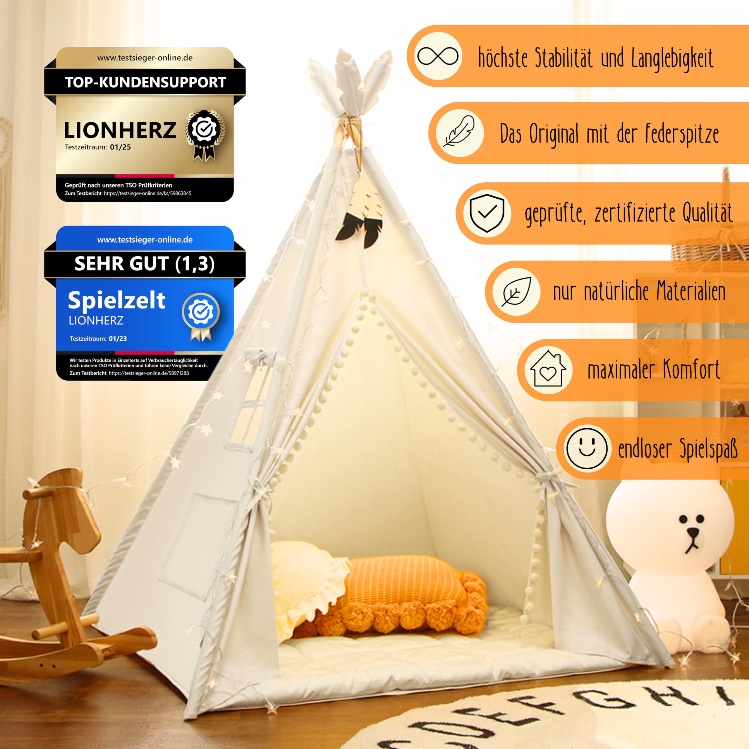 LIONHERZ Oryginalny Tipi Namiot Dla Dzieci Bawełna Z Matą I Torbą — miniatura 2