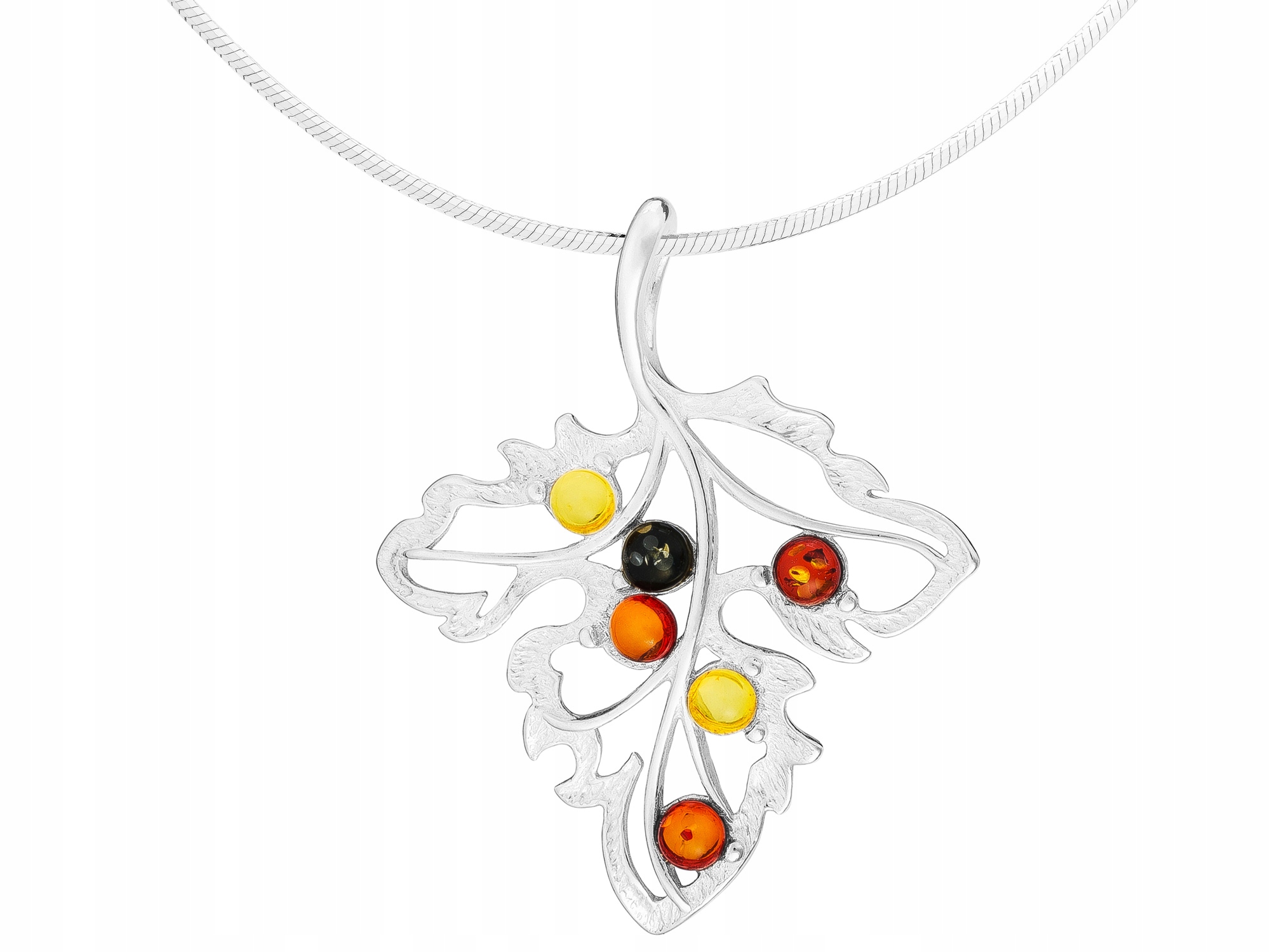 Dlouhý stříbrný dámský barevný náhrdelník s listem a jantarem Stříbro 60