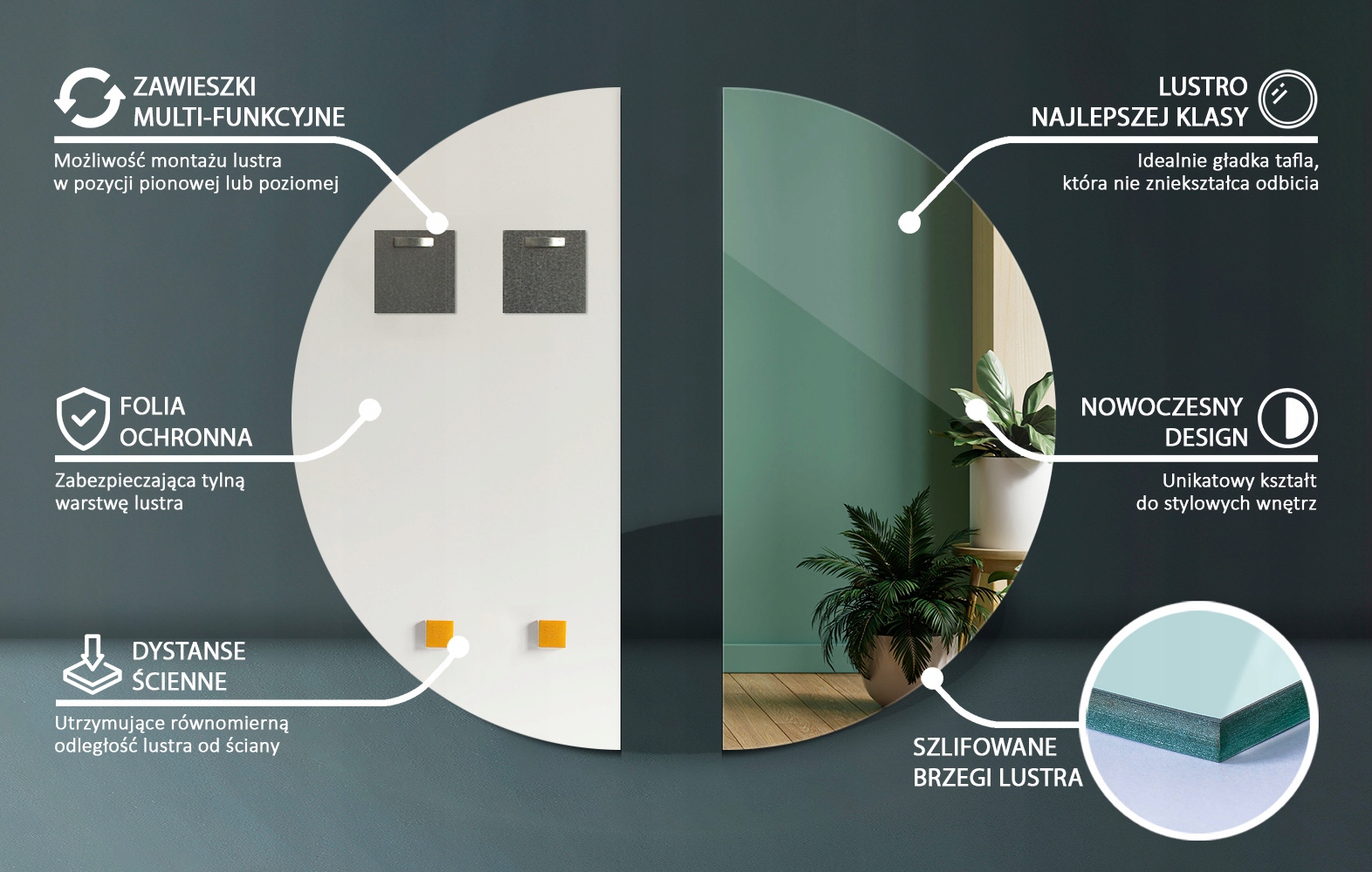 Lustro Półokrągłe Designerskie Stylowe 60 cm Typ lustra ścienne