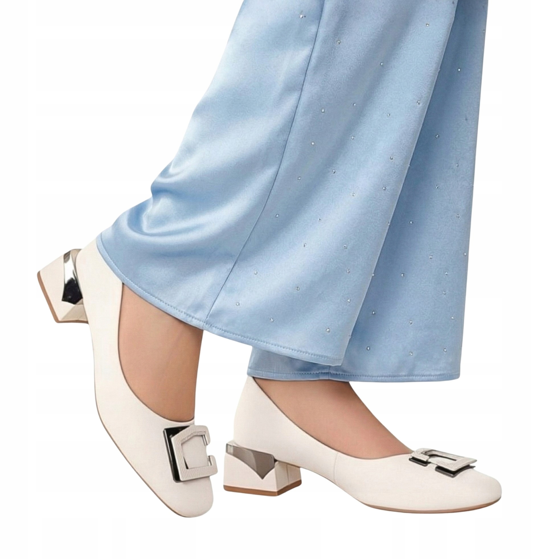 Beżowe Buty Czółenka Klamry Cyrkonie Ozdobne Niskie 4 Cm Obcasy 40