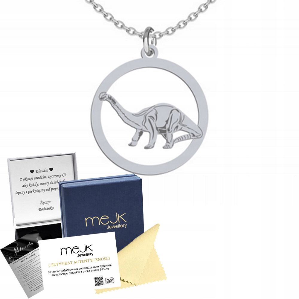 Stříbrný náhrdelník s diplodokem 925 Řetízek Šperky Dárek Gravírování Bonus