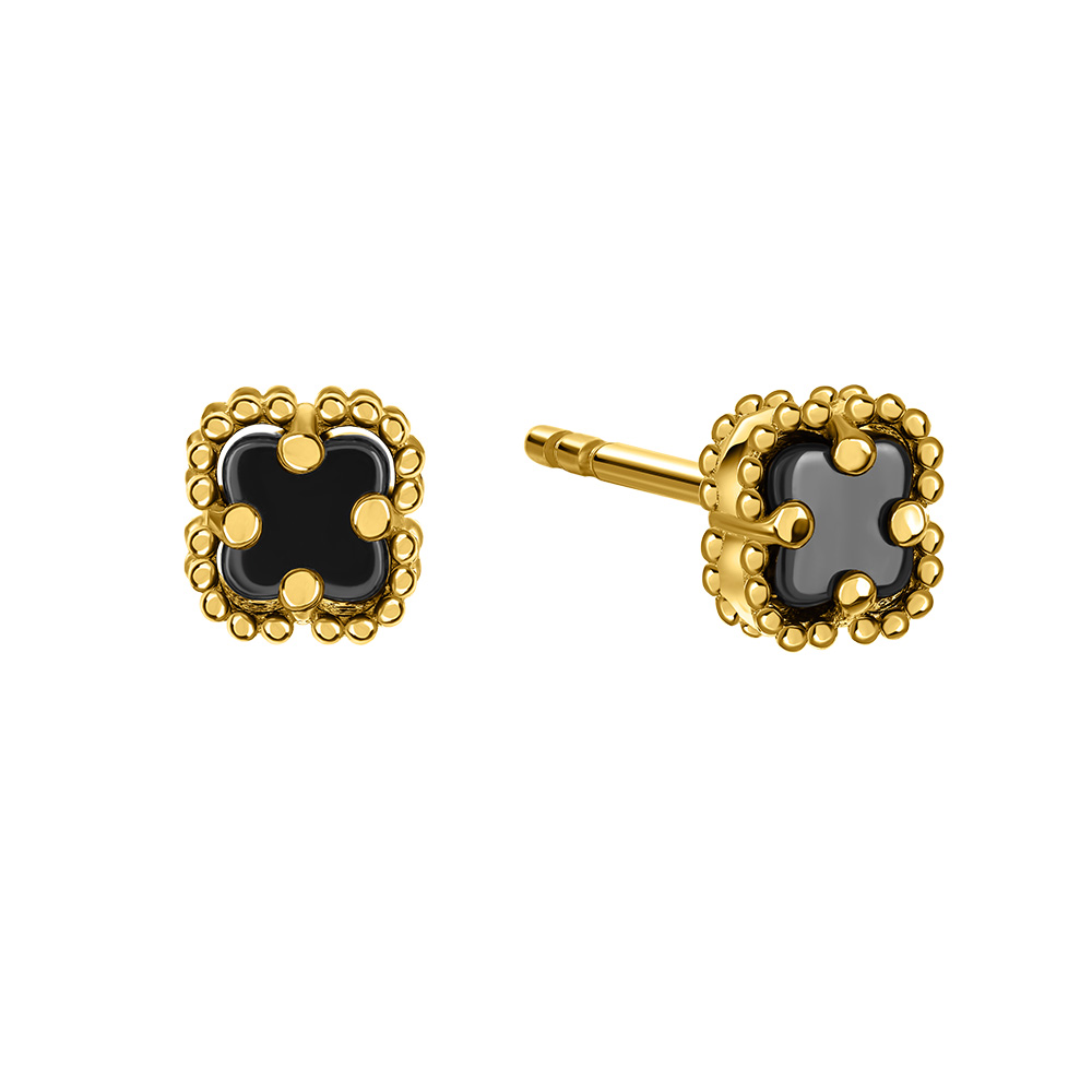 Kolczyki Złote Koniczyna z Czarnym Onyksem Sztyfty Wkrętki Złoto 585 Sadva